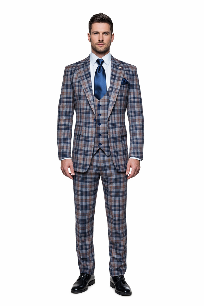 Camel & Navy Tartan 3-Piece Modern Wedding Suit