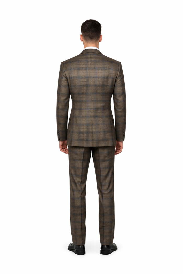 Vintage Camel-Navy Windowpane 3-Piece Gentleman’s Suit for Formal Elegance