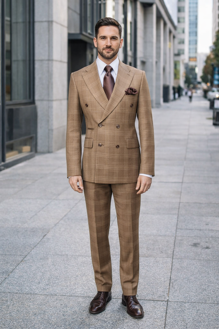 Rossiman Camel Regent Plaid Double-Breasted 3-Piece Heritage Suit