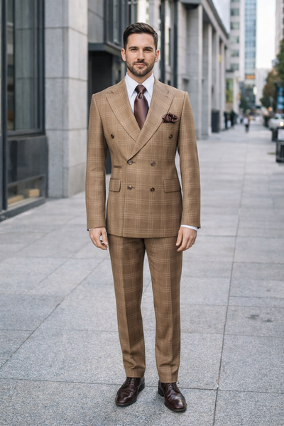 Rossiman Camel Regent Plaid Double-Breasted 3-Piece Heritage Suit
