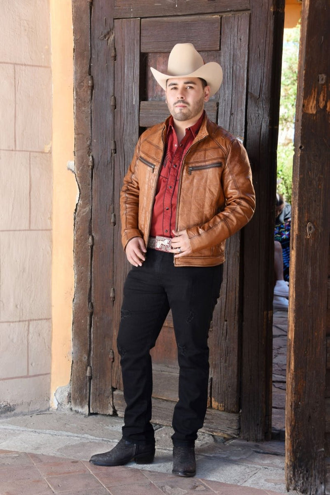 Men’s Honey Fine Leather Cowboy Denim Jacket