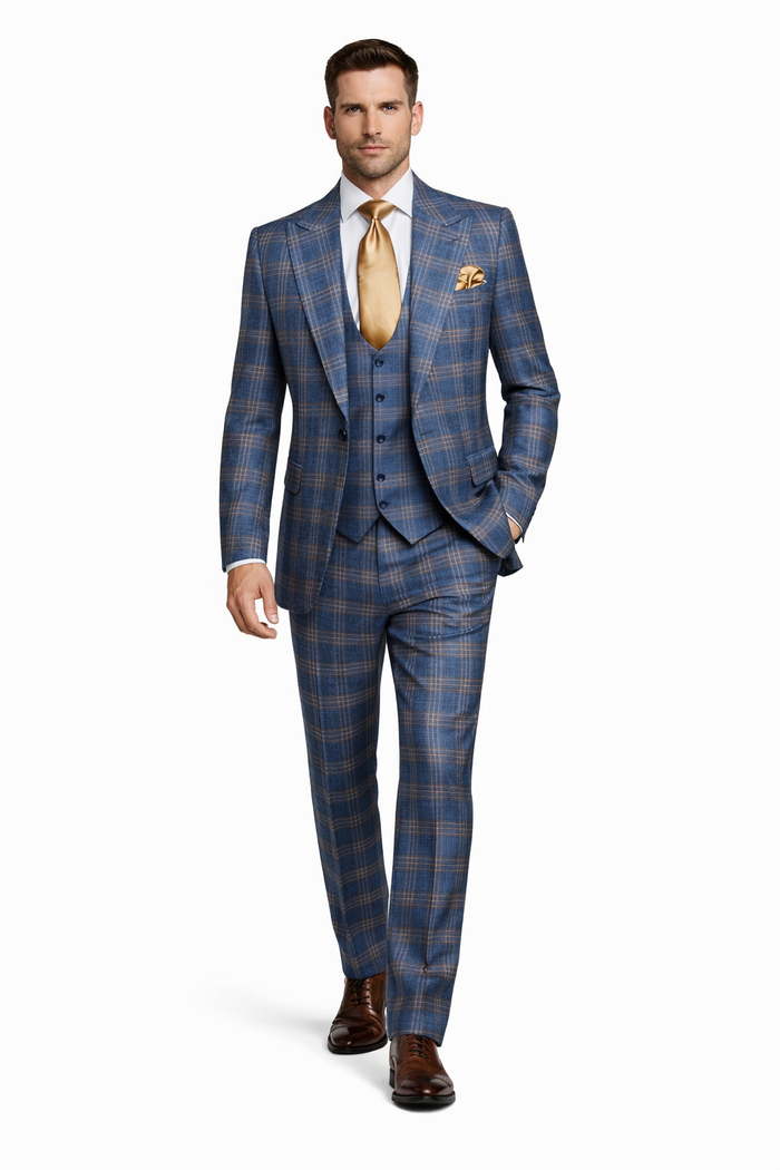 Blue Highland Check 3-Piece Champagne Accent Occasion Suit