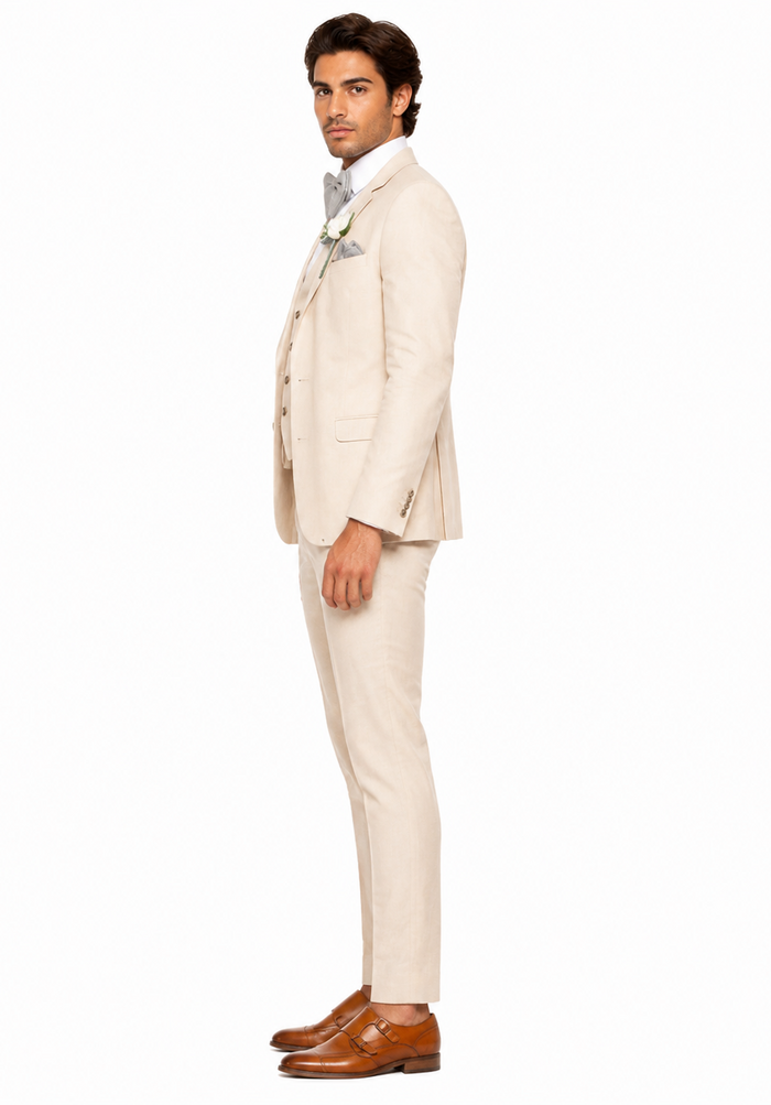 Champagne Color Suit With Double Breasted Vest in Light Tan Sand Color - Slim Fitted Summer Wedding Suit