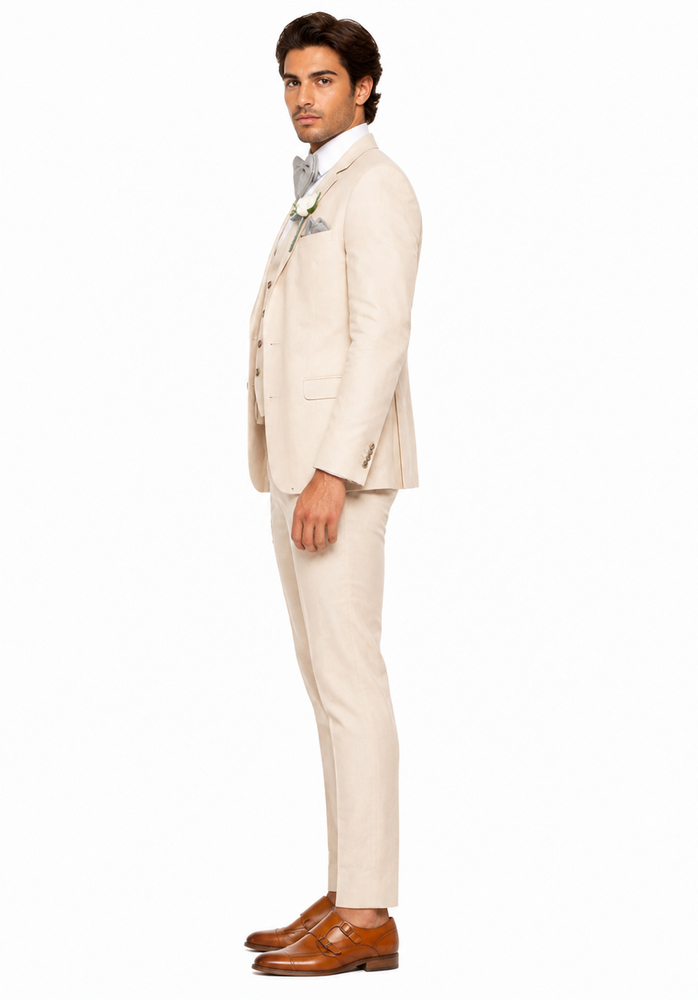 Champagne Color Suit With Double Breasted Vest in Light Tan Sand Color - Slim Fitted Summer Wedding Suit
