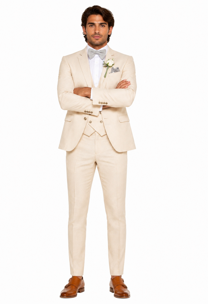 Champagne Color Suit With Double Breasted Vest in Light Tan Sand Color - Slim Fitted Summer Wedding Suit