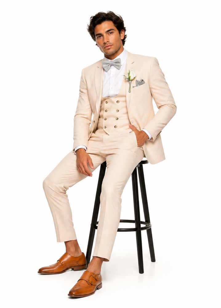 Champagne Color Suit With Double Breasted Vest in Light Tan Sand Color - Slim Fitted Summer Wedding Suit