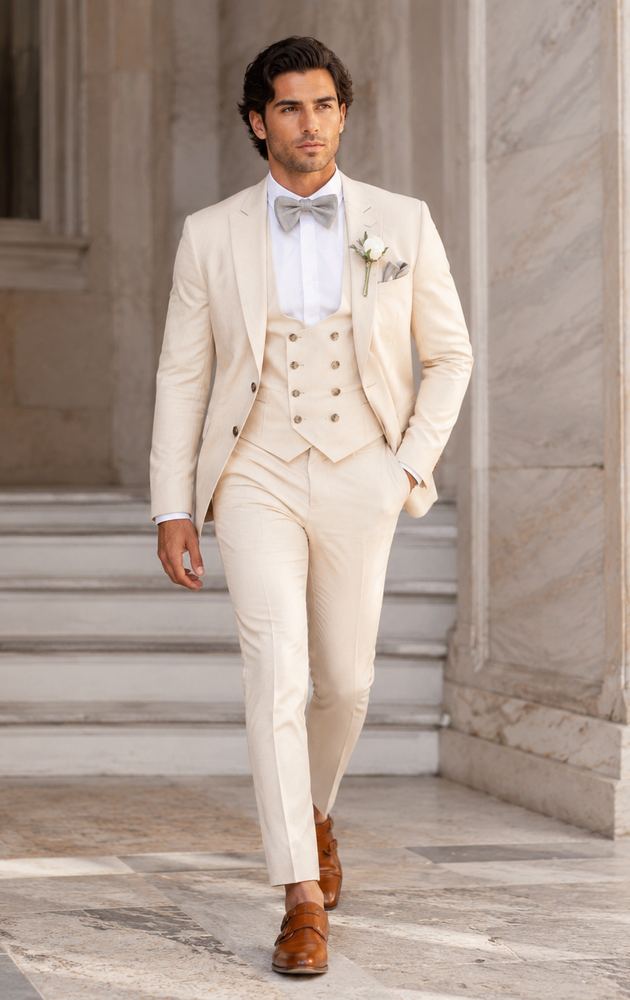 Champagne Color Suit With Double Breasted Vest in Light Tan Sand Color - Slim Fitted Summer Wedding Suit