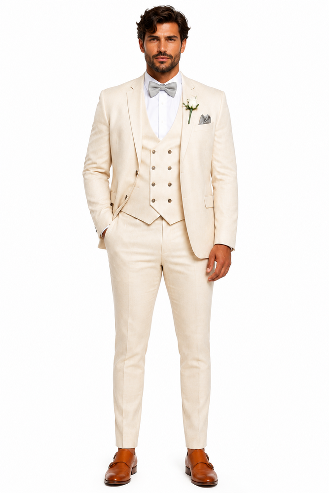 Champagne Color Suit With Double Breasted Vest in Light Tan Sand Color - Slim Fitted Summer Wedding Suit