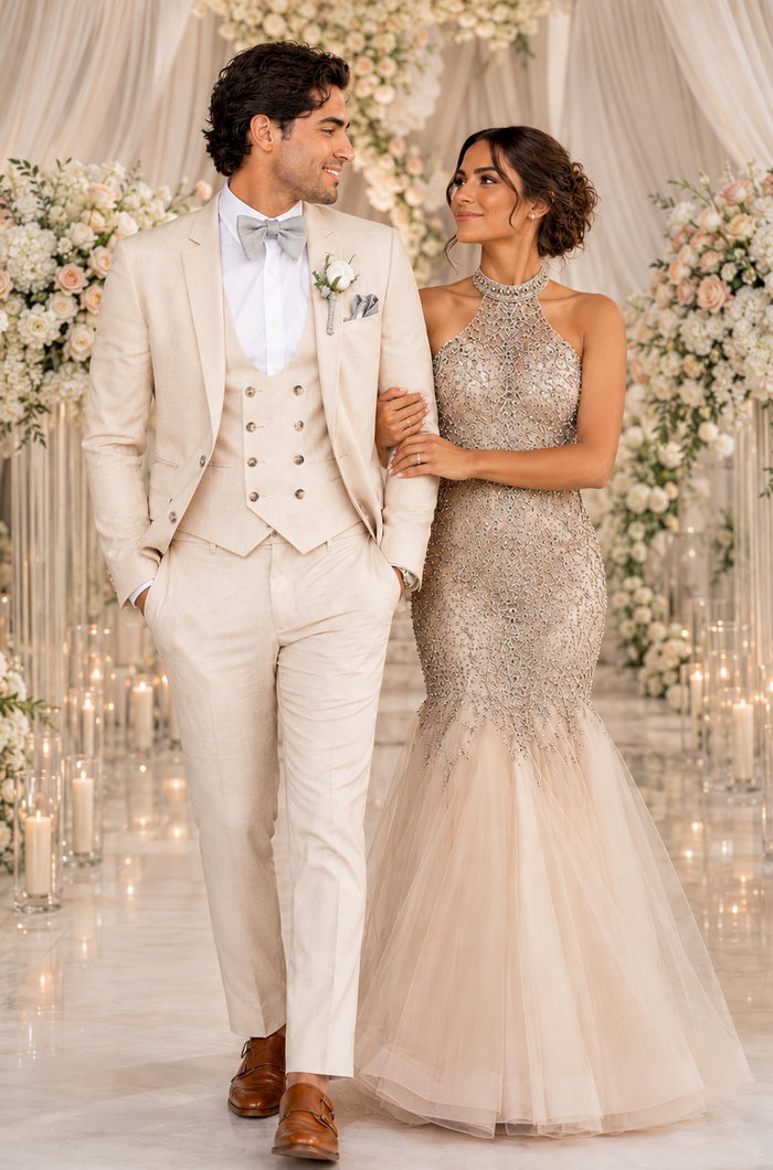 Champagne Color Suit With Double Breasted Vest in Light Tan Sand Color - Slim Fitted Summer Wedding Suit