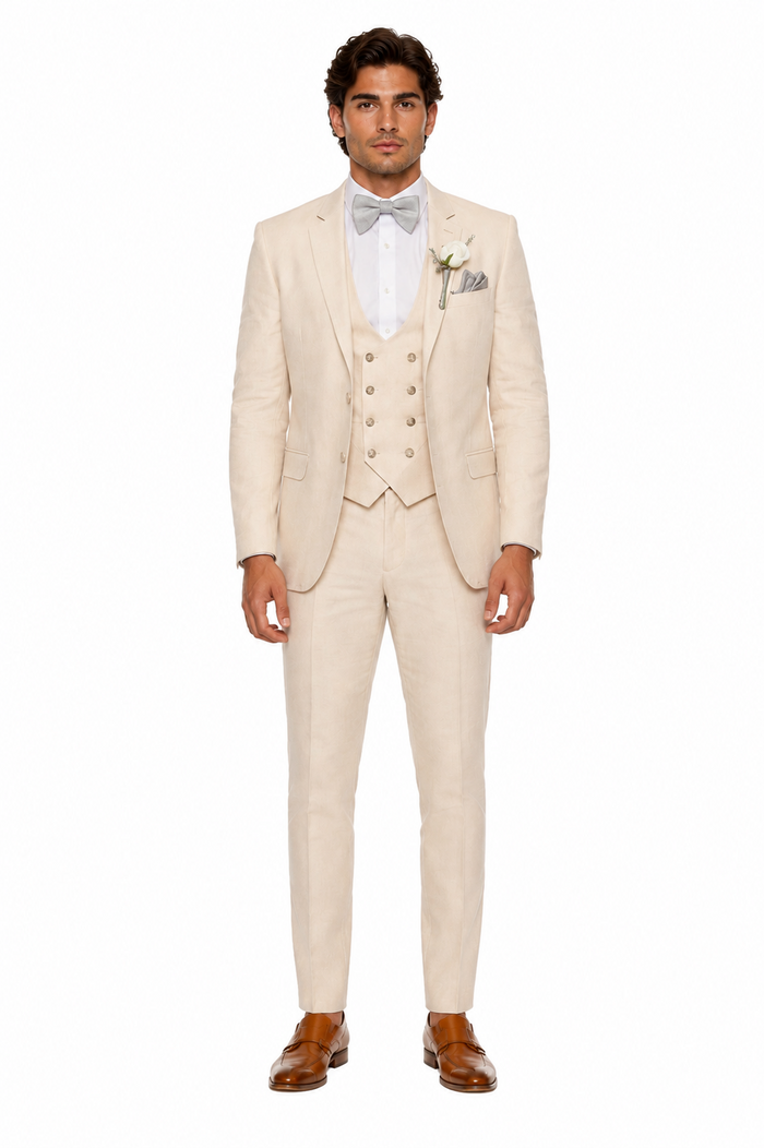 Champagne Color Suit With Double Breasted Vest in Light Tan Sand Color - Slim Fitted Summer Wedding Suit