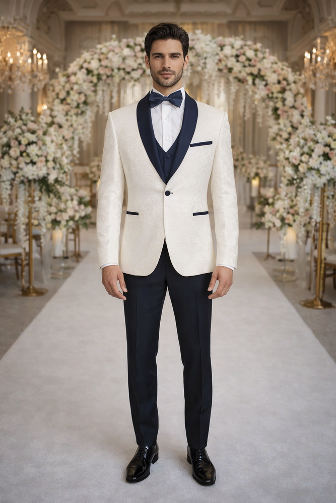 Luxury White & Navy Metallic Flake Tuxedo – 3-Piece Tailored-Fit