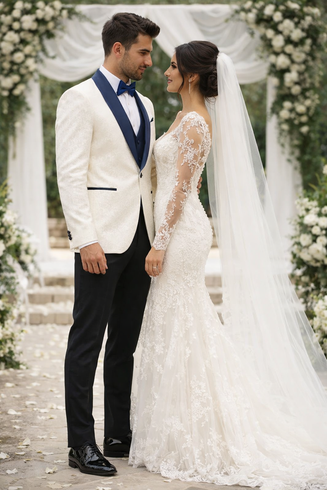 Luxury White & Navy Metallic Flake Tuxedo – 3-Piece Tailored-Fit