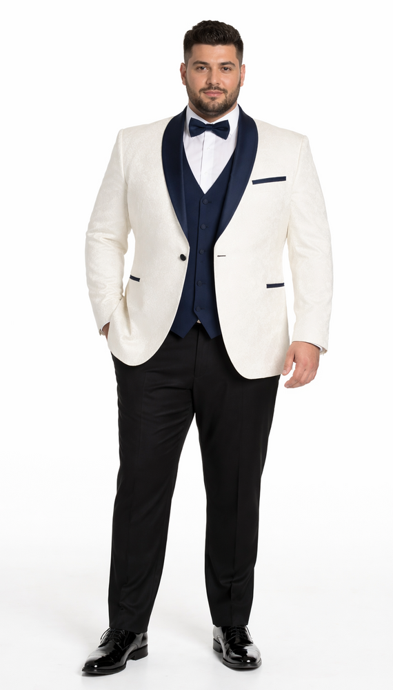 Luxury White & Navy Metallic Flake Tuxedo – 3-Piece Tailored-Fit