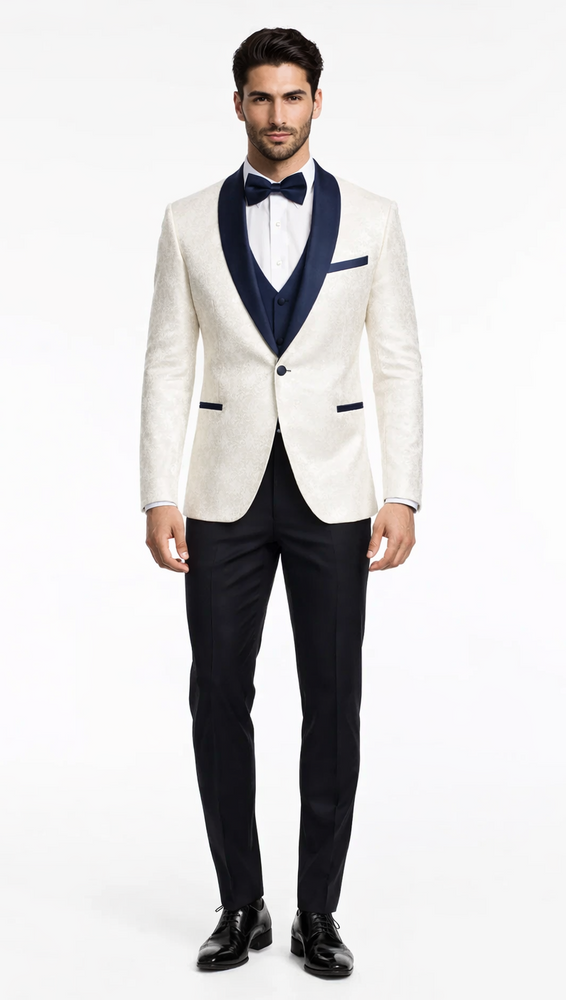 Luxury White & Navy Metallic Flake Tuxedo – 3-Piece Tailored-Fit