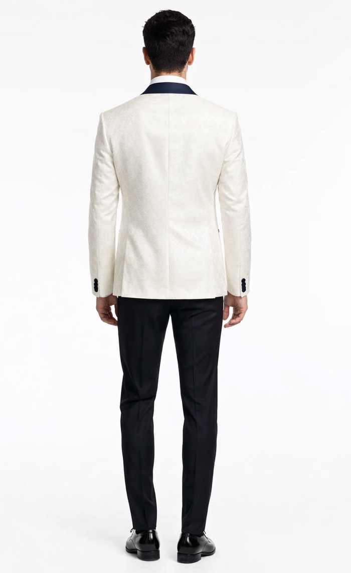 Luxury White & Navy Metallic Flake Tuxedo – 3-Piece Tailored-Fit