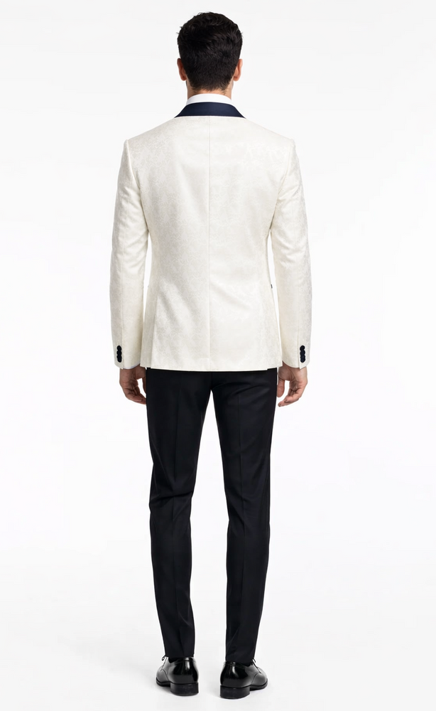 Luxury White & Navy Metallic Flake Tuxedo – 3-Piece Tailored-Fit