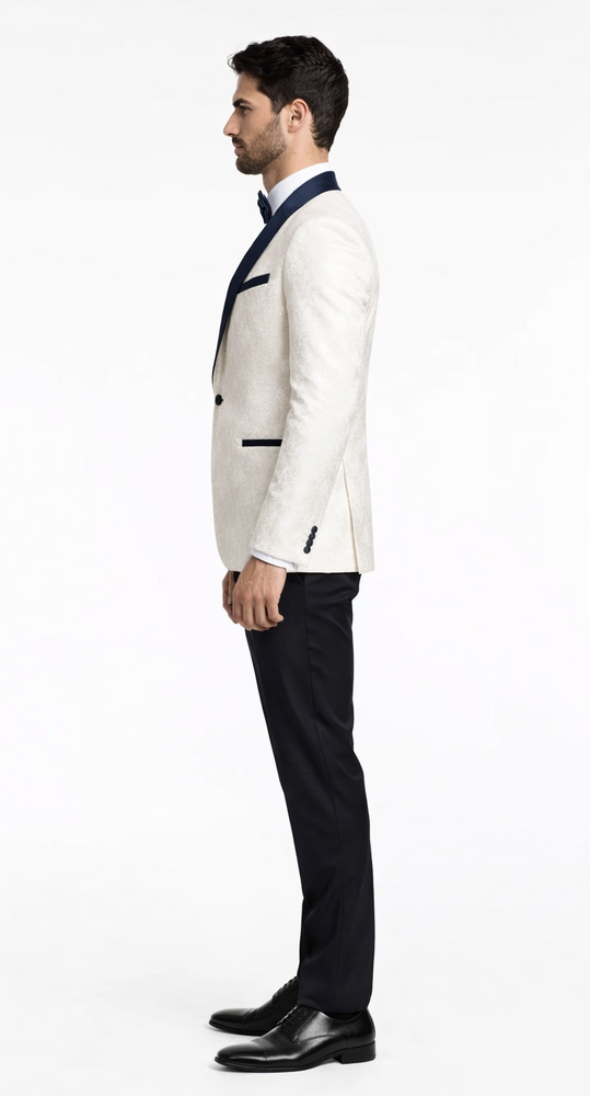 Luxury White & Navy Metallic Flake Tuxedo – 3-Piece Tailored-Fit