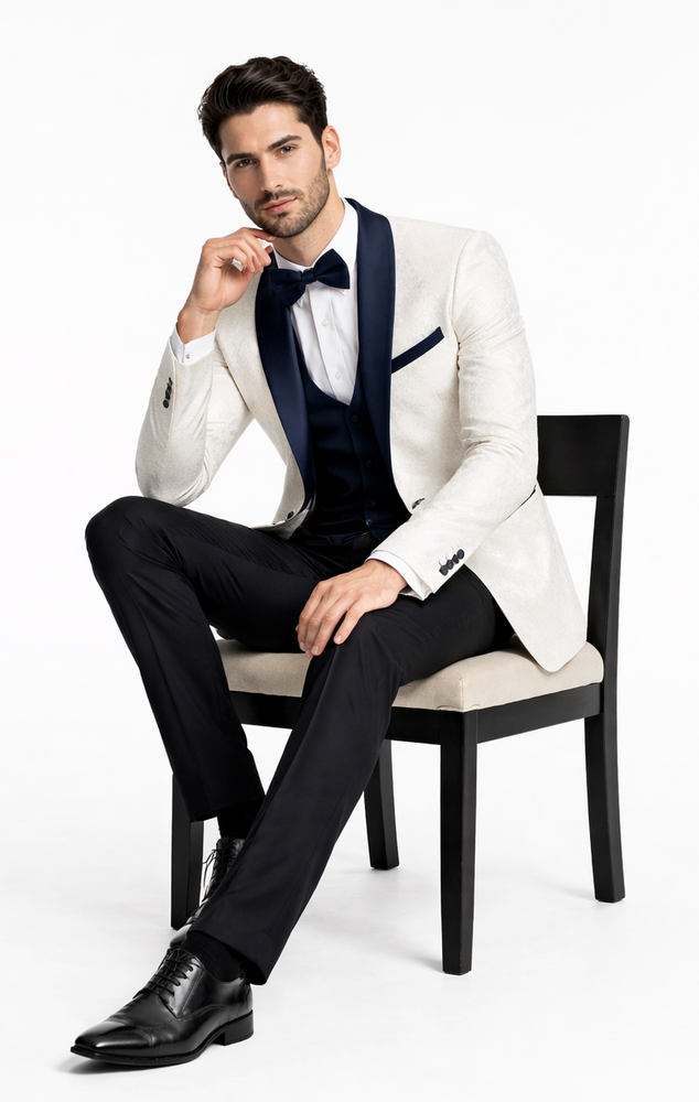 Luxury White & Navy Metallic Flake Tuxedo – 3-Piece Tailored-Fit