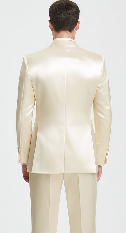 Champagne Satin 3 Piece Slim Fit Tazzio Men's Suit with Double Breasted Vest and Peak Lapel