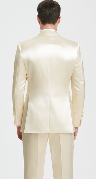 Champagne Satin 3 Piece Slim Fit Tazzio Men's Suit with Double Breasted Vest and Peak Lapel