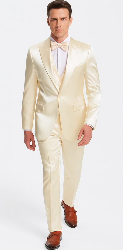 Champagne Satin 3 Piece Slim Fit Tazzio Men's Suit with Double Breasted Vest and Peak Lapel