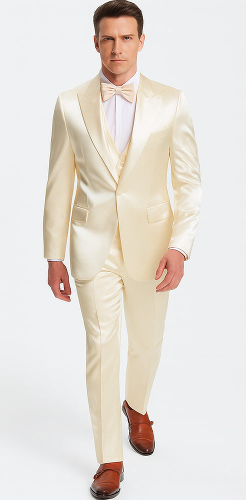 Champagne Satin 3 Piece Slim Fit Tazzio Men's Suit with Double Breasted Vest and Peak Lapel