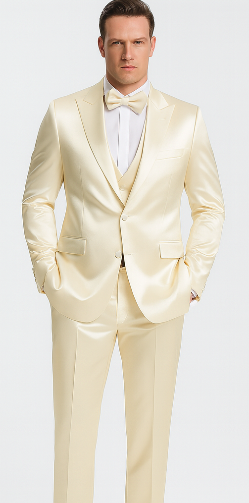 Champagne Satin 3 Piece Slim Fit Tazzio Men's Suit with Double Breasted Vest and Peak Lapel
