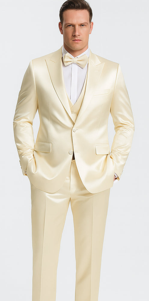 Champagne Satin 3 Piece Slim Fit Tazzio Men's Suit with Double Breasted Vest and Peak Lapel