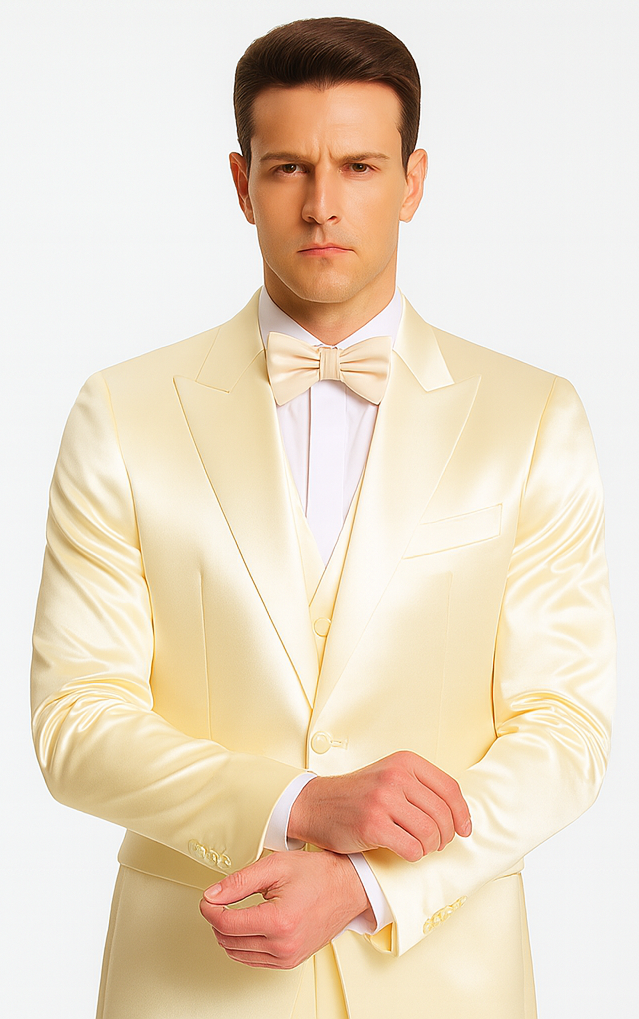 Champagne Satin 3 Piece Slim Fit Tazzio Men's Suit with Double Breasted Vest and Peak Lapel