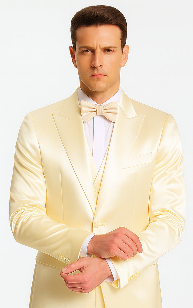 Champagne Satin 3 Piece Slim Fit Tazzio Men's Suit with Double Breasted Vest and Peak Lapel