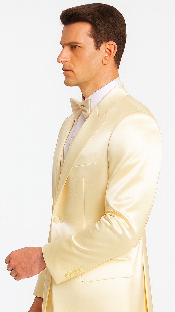 Champagne Satin 3 Piece Slim Fit Tazzio Men's Suit with Double Breasted Vest and Peak Lapel