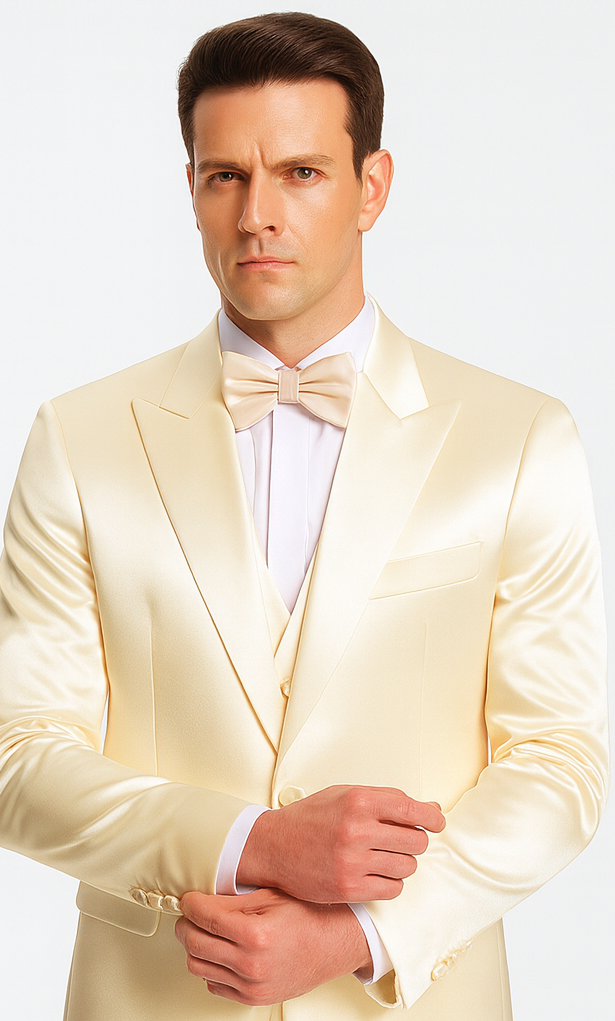 Champagne Satin 3 Piece Slim Fit Tazzio Men's Suit with Double Breasted Vest and Peak Lapel