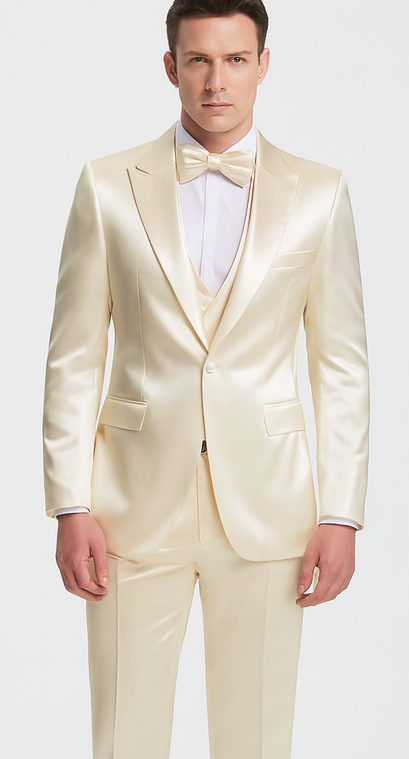 Champagne Satin 3 Piece Slim Fit Tazzio Men's Suit with Double Breasted Vest and Peak Lapel