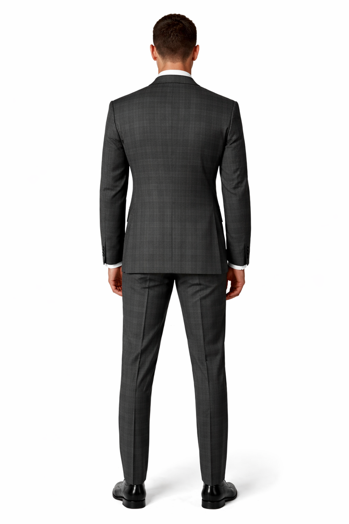 Charcoal Grey Gray Vested Three 3 Piece Windowpane Plaid Pattern Suit