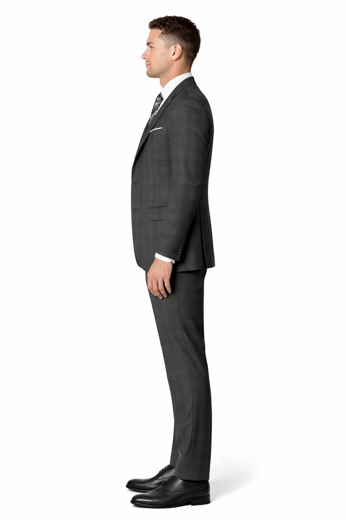 Charcoal Grey Gray Vested Three 3 Piece Windowpane Plaid Pattern Suit
