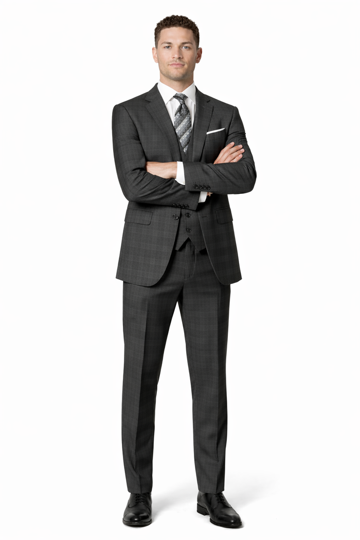 Charcoal Grey Gray Vested Three 3 Piece Windowpane Plaid Pattern Suit