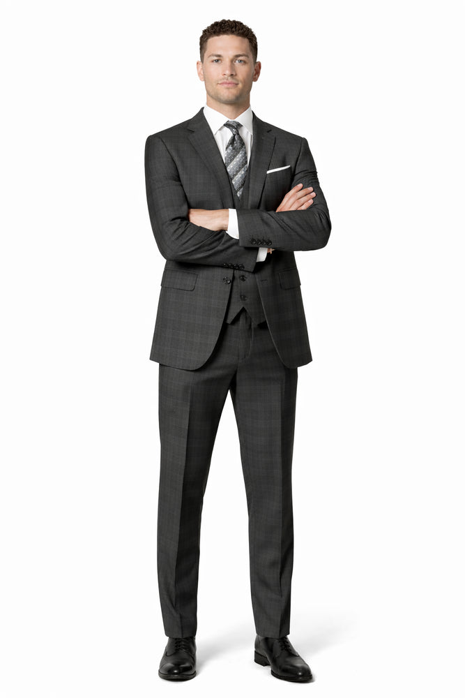 Charcoal Grey Gray Vested Three 3 Piece Windowpane Plaid Pattern Suit