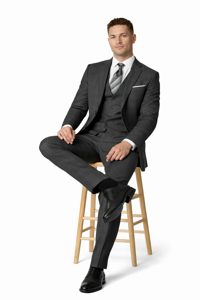 Charcoal Grey Gray Vested Three 3 Piece Windowpane Plaid Pattern Suit