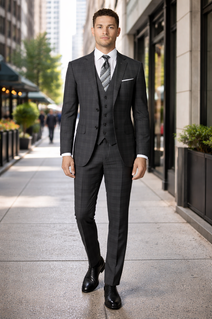 Charcoal Grey Gray Vested Three 3 Piece Windowpane Plaid Pattern Suit