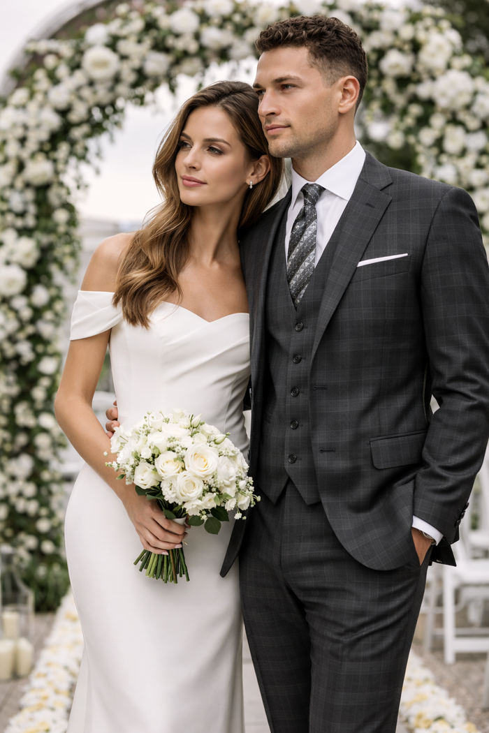 Charcoal Grey Gray Vested Three 3 Piece Windowpane Plaid Pattern Suit