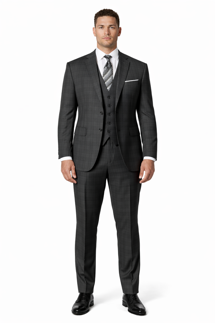 Charcoal Grey Gray Vested Three 3 Piece Windowpane Plaid Pattern Suit