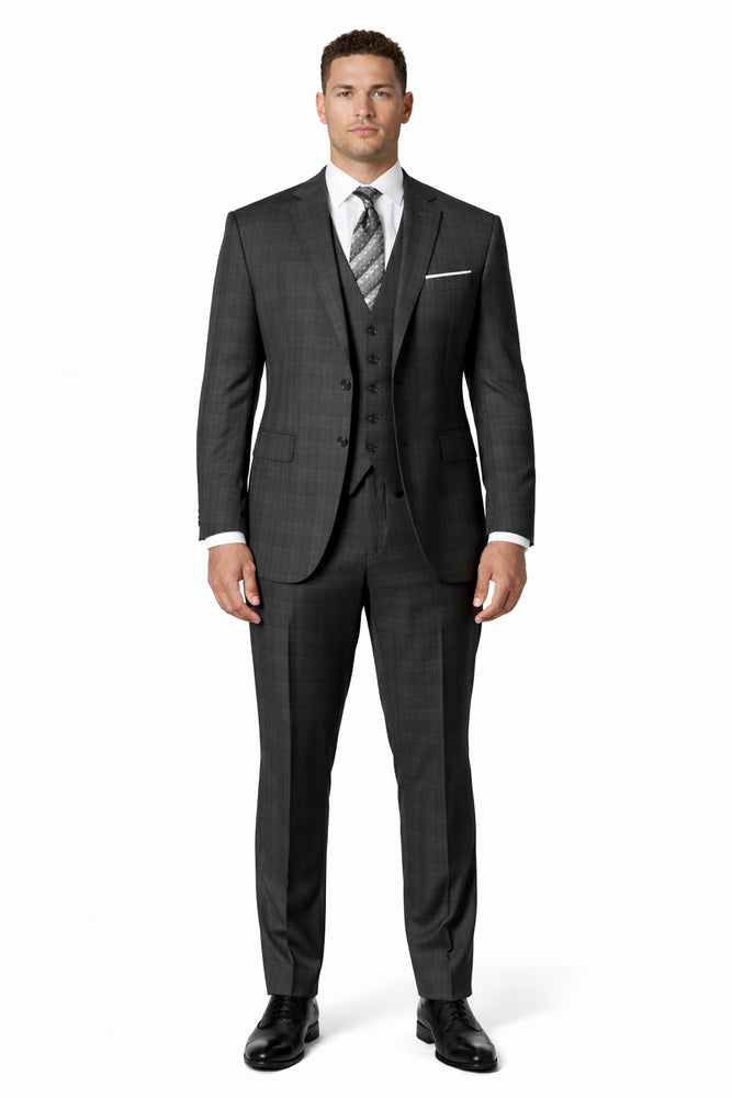 Charcoal Grey Gray Vested Three 3 Piece Windowpane Plaid Pattern Suit