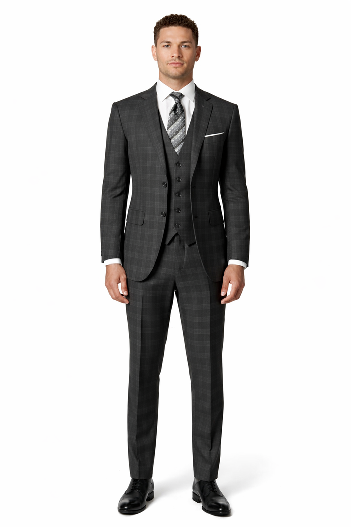 Charcoal Grey Gray Vested Three 3 Piece Windowpane Plaid Pattern Suit