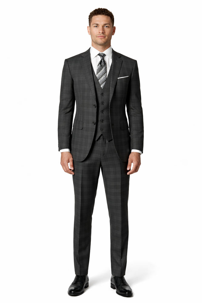 Charcoal Grey Gray Vested Three 3 Piece Windowpane Plaid Pattern Suit