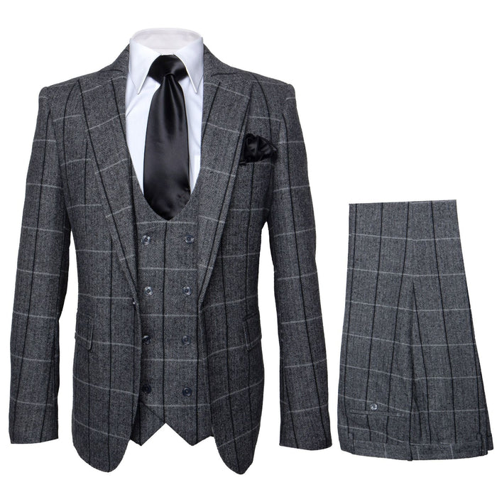 Charcoal Windowpane 3-Piece Executive Heritage Suit with Black Accents