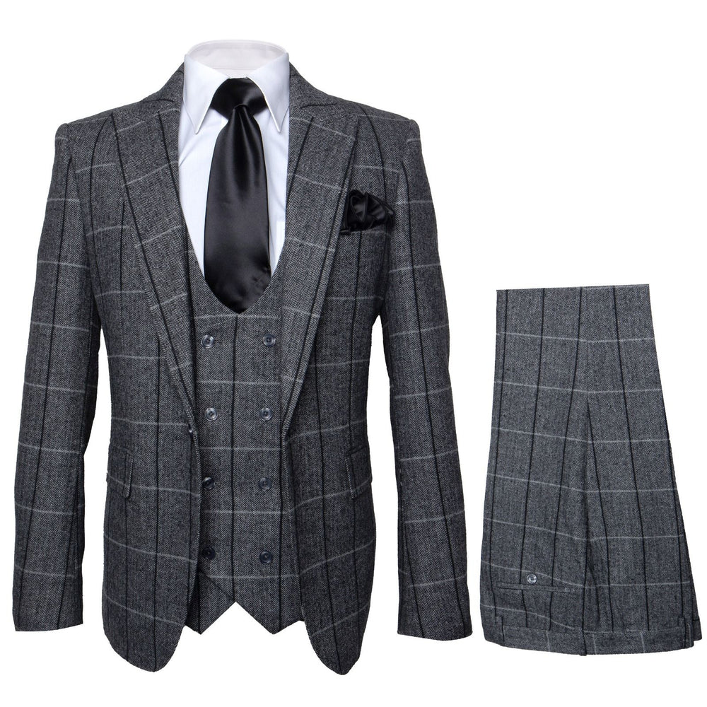 Charcoal Windowpane 3-Piece Executive Heritage Suit with Black Accents