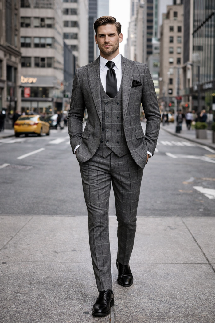 Charcoal Windowpane 3-Piece Executive Heritage Suit with Black Accents