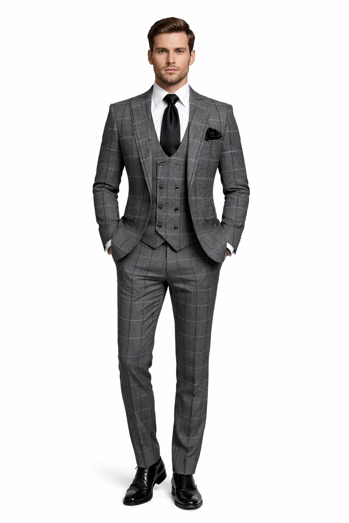 Charcoal Windowpane 3-Piece Executive Heritage Suit with Black Accents