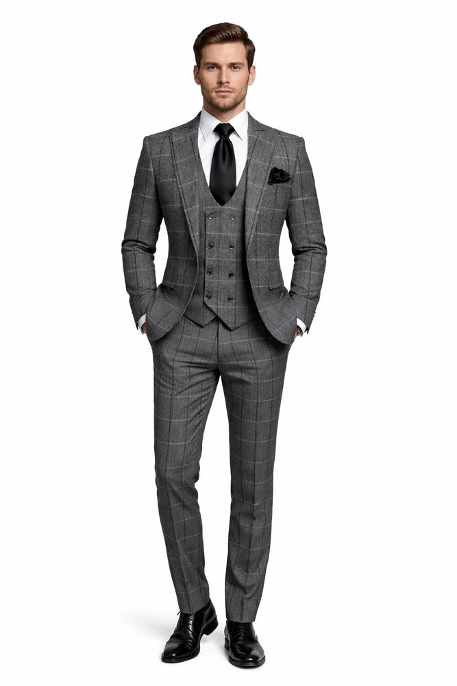 Charcoal Windowpane 3-Piece Executive Heritage Suit with Black Accents