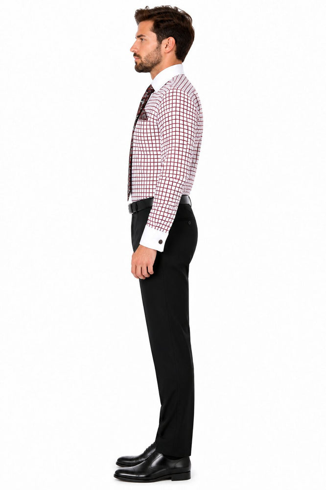 Daniel Ellissa Checked Pattern Two Tone French Cuff Burgundy ~ Wine ~ Maroon Color White Collar Big and Tall Sizes Two Toned Contrast 18 19 20 21 22 Inch Neck Men's Dress Shirt
